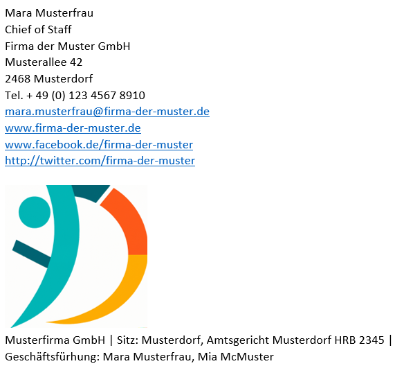 Auf diesem Screenshot ist eine Beispiel-Signatur einer E-Mail dargestellt. In der Signatur sind zuerst der Name, dann die Position, die Firma, die Adresse der Firma und anschließend sämtliche Kontaktdaten und das Logo der Beispiel-Firma zu sehen. Unter dem Logo werden nochmal die Firma, die Adresse, das zuständige Amtsgericht und die Geschäftsführung genannt.