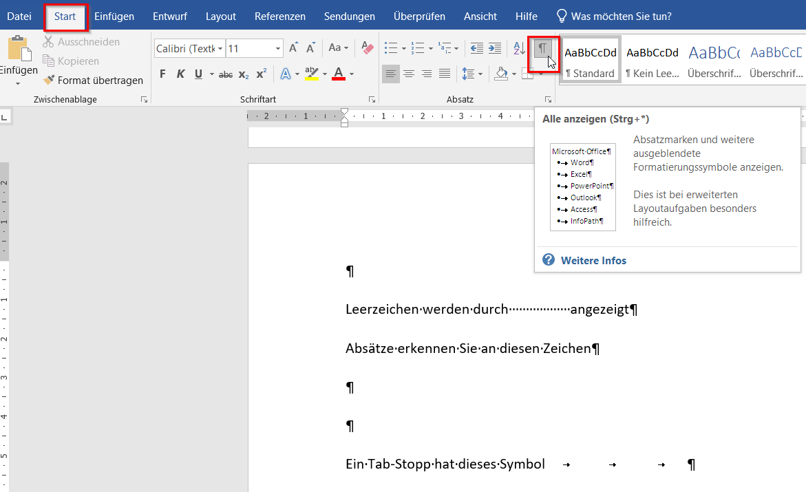 Auf dem Screenshot ist eine geöffnetes Worddokument abgebildet. Mit einem roten Kästchen sind die Schaltfläche