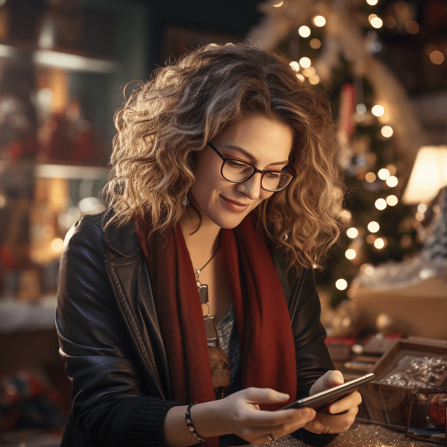 Assistentin, Mitte 30, hält einen Taschenrechner in der Hand. Im Hintergrund ist ein weihnachtlich geschmücktes Büro zu sehen.
