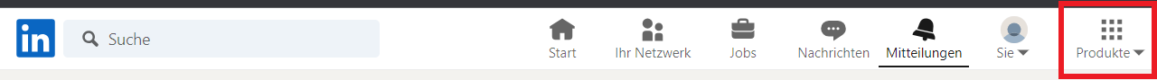 Auf der Abbildung ist die Menüleiste der Website LinkedIn zu sehen. Der Menüpunkt „Produkte“ ist mit einem roten Kasten hervorgehoben.
