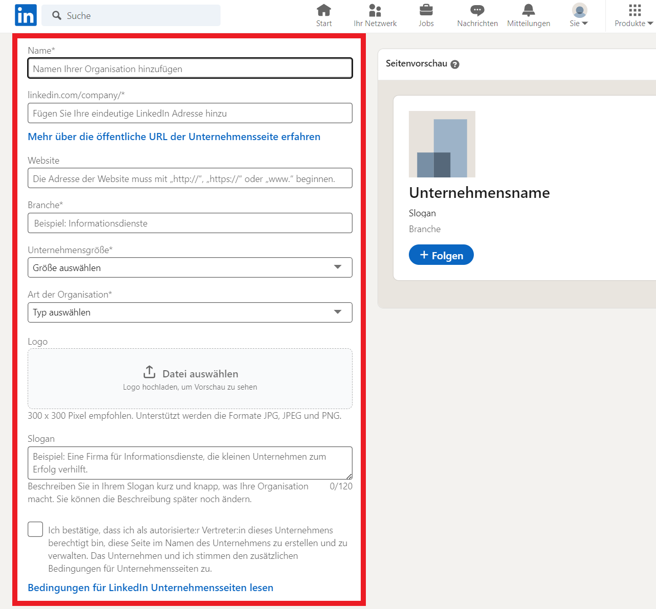 Auf dieser Abbildung wird die Erstellung einer Unternehmensseite auf der Plattform LinkedIn gezeigt. Um die auszufüllenden Felder wie Name der Organisation, Website, Branche etc. ist ein roter Kasten zur Hervorhebung gelegt.