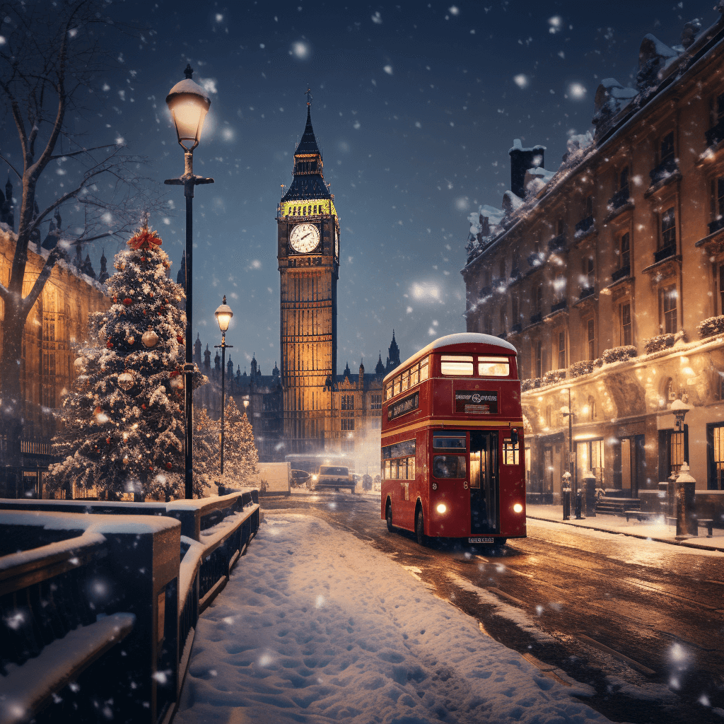 Bild aus dem verschneiten London mit Lichterketten, Doppeldeckerbus und Big Ben.