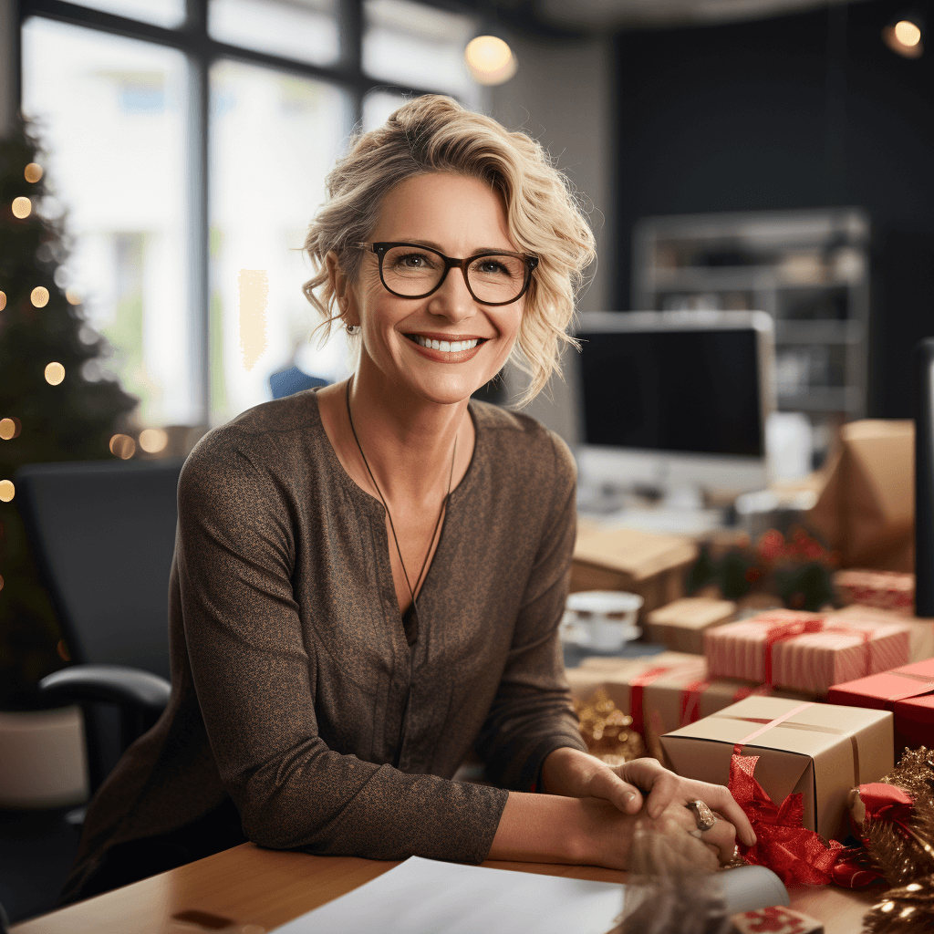Frau, Anfang 50, lächelt in die Kamera. Sie sitzt in einem festlich geschmückten Büro und um sie herum sind eingepackte Weihnachtsgeschenke.