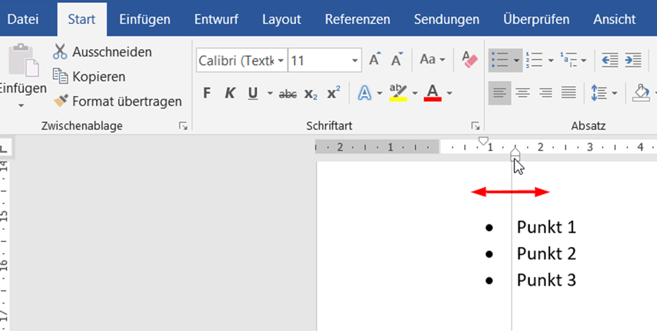 Auf diesem Screenshot eines Worddokuments wird dargestellt, wie der Anwender manuell den Einrückabstands eines Dokuments ändern kann. Hierfür wird mit dem Mauszeiger der Regler des Lineals oberhalb des Dokuments verstellt. Verdeutlicht wird dies auf dem Screenshot mit einem roten Pfeil, der sowohl nach links als auch nach rechts zeigt.