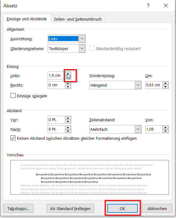Auf diesem Screenshot eines Worddokuments ist das geöffnete Dialogfeld