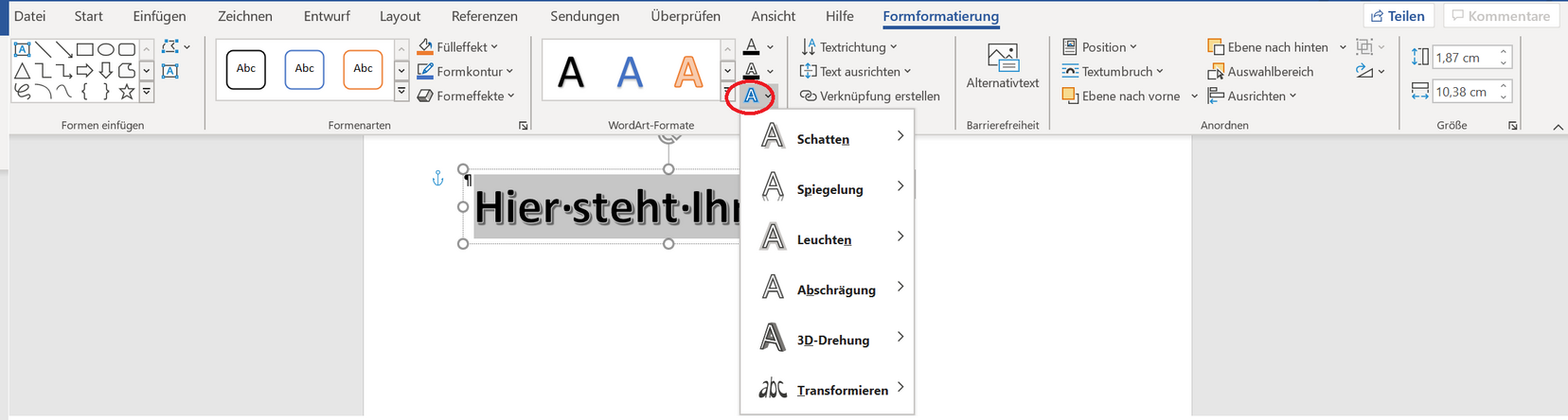 Text WordArt, Format auswählen Word, Format Schnecke Word