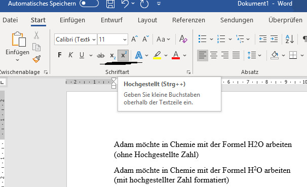 hochgestellte 1 Zeichen Schaltfläche hochstellen Word, 1 hochstellen in Word