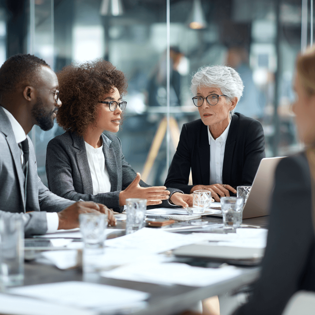 Vier Personen in Businesskleidung sitzen an einem Konferenztisch mit Dokumenten und Laptop; eine Frau spricht gestikulierend, die anderen hören aufmerksam zu.