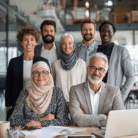 Diverse Gruppe von Assistenzkräften mit Männern und Frauen, einige mit Kopftuch, in Businesskleidung lächelnd im Büro – Darstellung im Kontext Bewerbung.