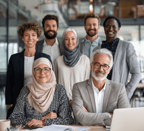 Diverse Gruppe von Assistenzkräften mit Männern und Frauen, einige mit Kopftuch, in Businesskleidung lächelnd im Büro – Darstellung im Kontext Bewerbung.