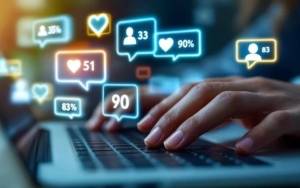 Hand am Laptop, es wird getippt und es sind Interaktionen von Internetnutzern zu erkennen