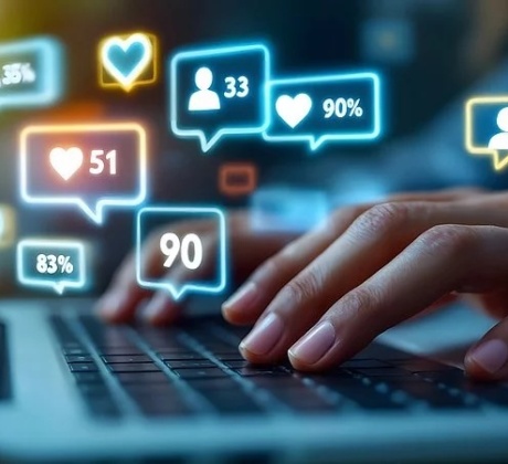 Hand am Laptop, es wird getippt und es sind Interaktionen von Internetnutzern zu erkennen