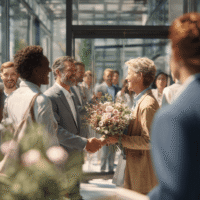 Menschen in Businesskleidung in einem hellen Büro, ein Mann gratuliert einer Kollegin mit einem Blumenstrauß per Handschlag, umgeben von lächelnden Mitarbeitern.