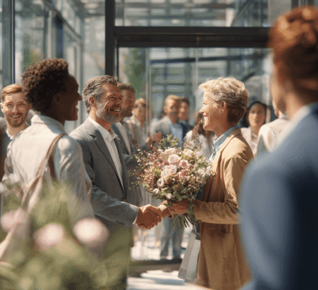 Menschen in Businesskleidung in einem hellen Büro, ein Mann gratuliert einer Kollegin mit einem Blumenstrauß per Handschlag, umgeben von lächelnden Mitarbeitern.