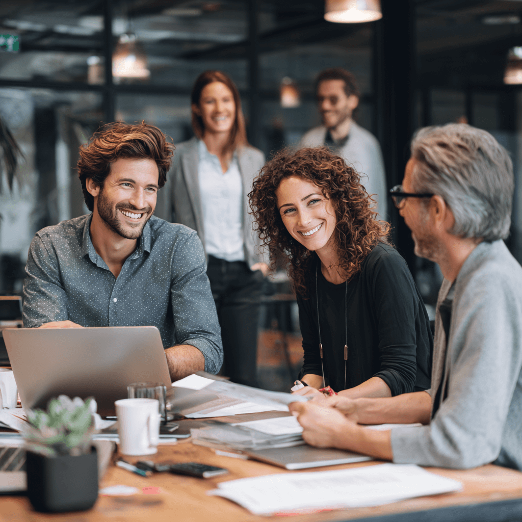 Fünf Personen in einem modernen Büro, drei sitzen am Tisch mit Laptop und Unterlagen, zwei stehen im Hintergrund; sie lachen und wirken konzentriert im Gespräch.