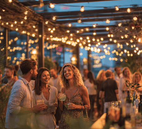 Rooftop-Eventlocation mit Tiki-Bar, drei Menschen in ausgelassener Stimmung bei Sommerparty mit Lichterketten – Symbol für moderne Eventlocation.