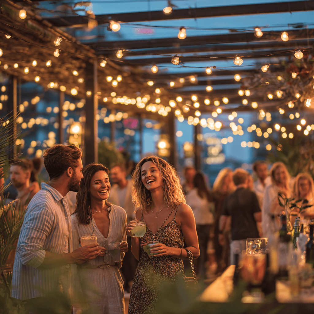 Rooftop-Eventlocation mit Tiki-Bar, drei Menschen in ausgelassener Stimmung bei Sommerparty mit Lichterketten – Symbol für moderne Eventlocation.