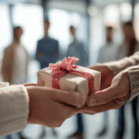 Nahaufnahme von zwei Personen, die in einem Büro ein kleines Geschenk mit roter Schleife überreichen; im unscharfen Hintergrund steht ein Team und beobachtet den Abschiedsmoment.