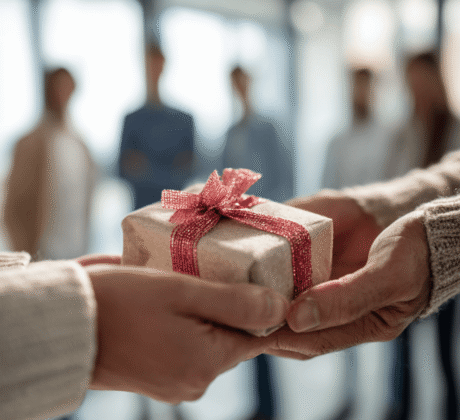 Nahaufnahme von zwei Personen, die in einem Büro ein kleines Geschenk mit roter Schleife überreichen; im unscharfen Hintergrund steht ein Team und beobachtet den Abschiedsmoment.