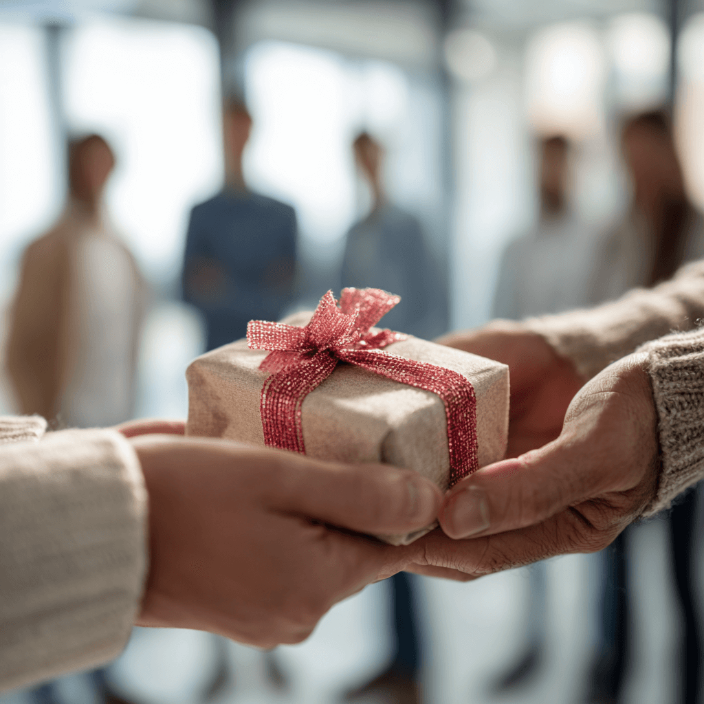 Nahaufnahme von zwei Personen, die in einem Büro ein kleines Geschenk mit roter Schleife überreichen; im unscharfen Hintergrund steht ein Team und beobachtet den Abschiedsmoment.