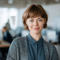HR-Managerin Mitte 30 mit kurzen Haaren und Pony im modernen Büro – Symbol für Personalmanagement und Mitarbeiterbetreuung.