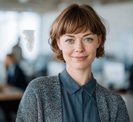 HR-Managerin Mitte 30 mit kurzen Haaren und Pony im modernen Büro – Symbol für Personalmanagement und Mitarbeiterbetreuung.