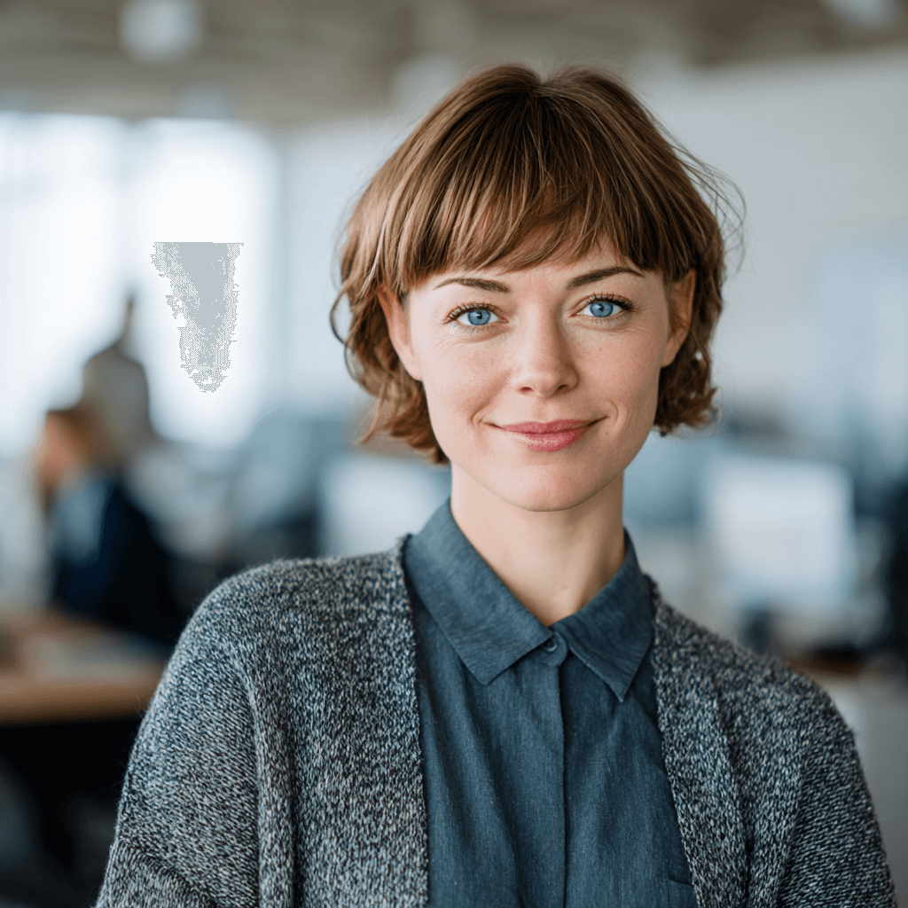 HR-Managerin Mitte 30 mit kurzen Haaren und Pony im modernen Büro – Symbol für Personalmanagement und Mitarbeiterbetreuung.