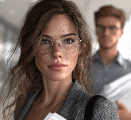 HR-Managerin mit langen braunen Haaren zeigt einem jungen Bewerber mit Brille im hellen Büroflur die offene Tür zum Vorstellungsgespräch – Symbol für Bewerbungsprozess.