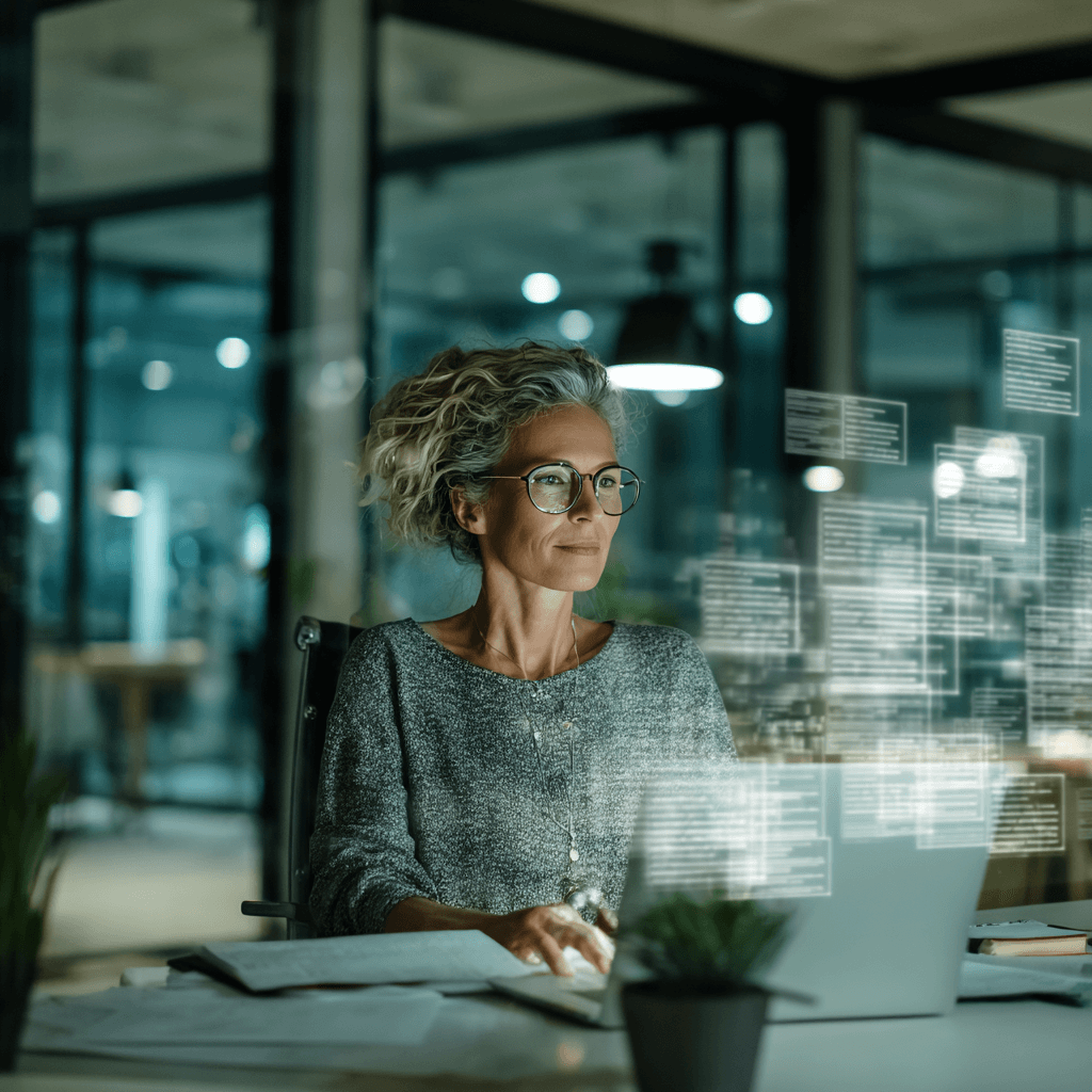 Frau Ende 40 arbeitet am Laptop, über dem ein Hologramm von Dokumenten schwebt – Symbol für Word-Dateien und digitale Dokumente im Büro.