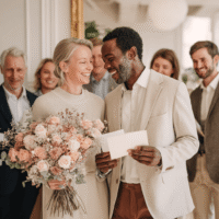 Bild eines lachenden afrodeutschen Manns und einer weißen Frau, die in einer eleganten, minimalistischen Hochzeit heiraten. Sie halten Blumen in den Händen, während die Gäste um sie herum lächeln und ihre eigenen gefalteten Grußkarten lesen.