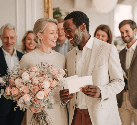 Bild eines lachenden afrodeutschen Manns und einer weißen Frau, die in einer eleganten, minimalistischen Hochzeit heiraten. Sie halten Blumen in den Händen, während die Gäste um sie herum lächeln und ihre eigenen gefalteten Grußkarten lesen.