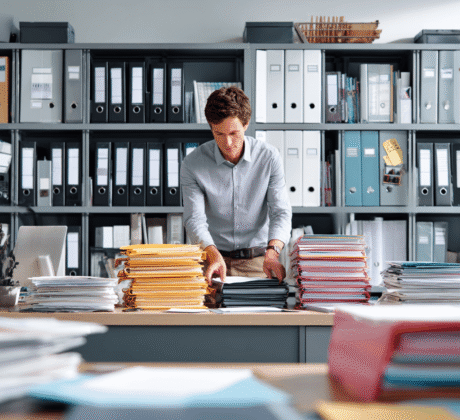 Mitarbeiter sortiert Unterlagen in Ordnern und Regalen im modernen Büro – Symbol für Büroablage, Dokumentenorganisation und Ordnung.