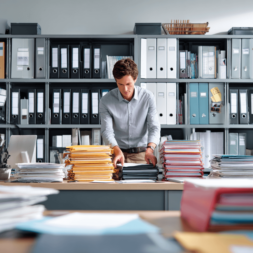 Mitarbeiter sortiert Unterlagen in Ordnern und Regalen im modernen Büro – Symbol für Büroablage, Dokumentenorganisation und Ordnung.