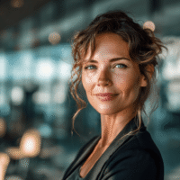 „Executive Assistant, Frau Mitte/Ende 40 mit Migrationshintergrund, elegant-casual gekleidet, mit Nasenring im modernen Büro.