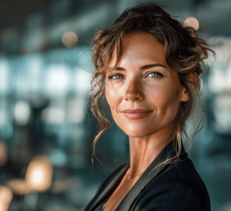 „Executive Assistant, Frau Mitte/Ende 40 mit Migrationshintergrund, elegant-casual gekleidet, mit Nasenring im modernen Büro.