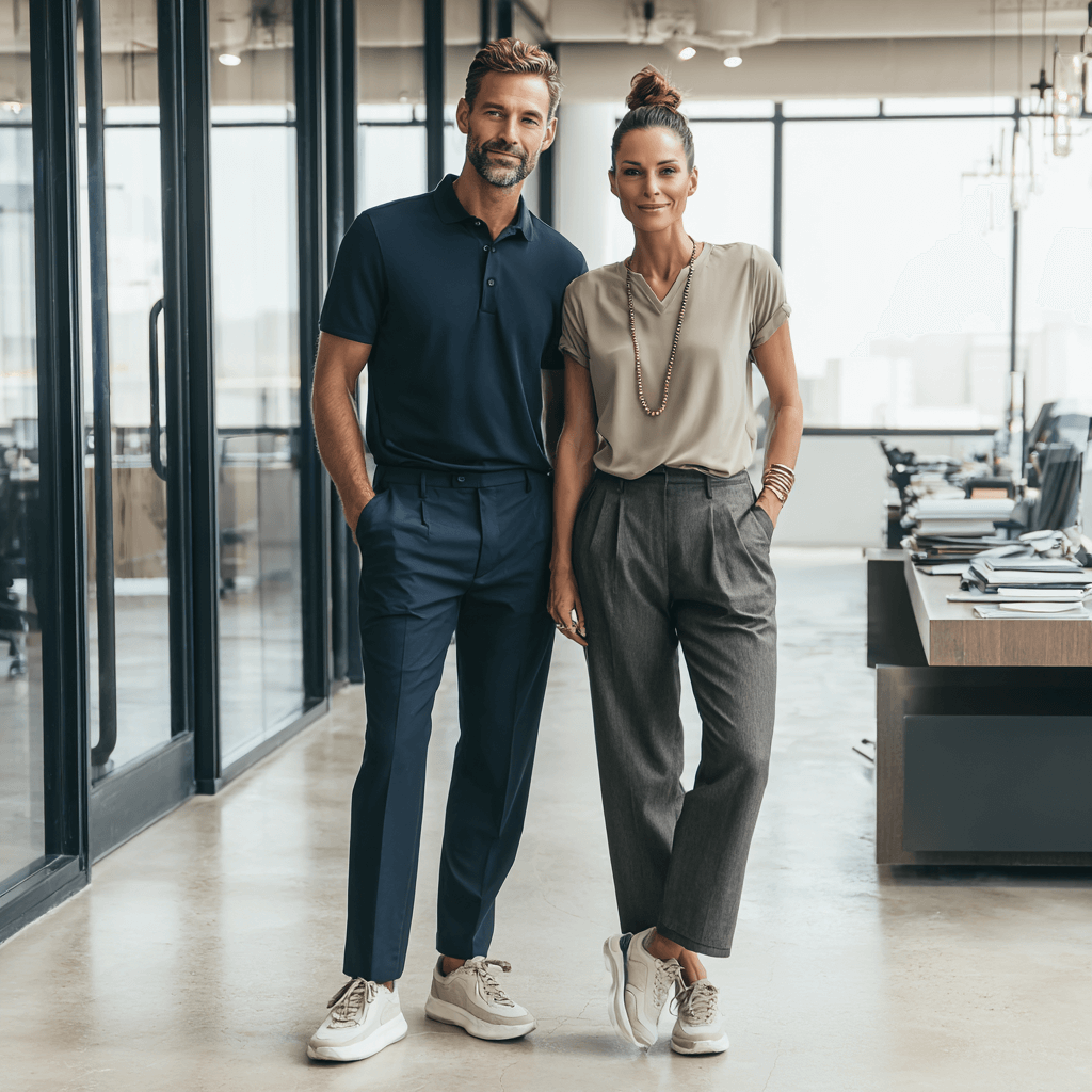 Mann in Slacks, Poloshirt und Sneakers neben Frau in Slacks, Sneakers und Bluse mit Schmuck – Beispiel für Business-Casual Büro-Outfits.