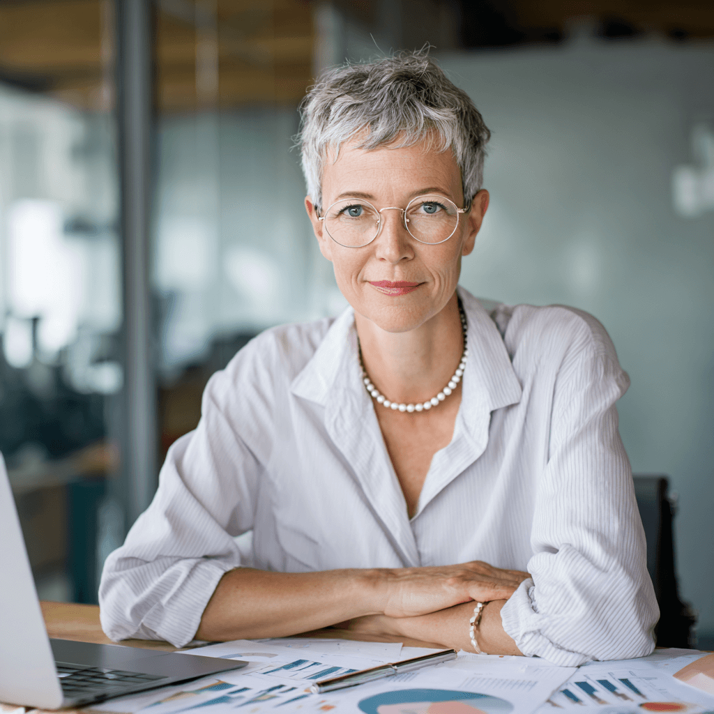 CFO, elegante Frau Ende 40 mit kurzen Haaren und Perlenkette im modernen Büro, arbeitet an Finanzen und Buchhaltung.