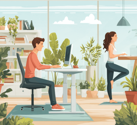 Person arbeitet im modernen Büro an einem höhenverstellbaren Schreibtisch mit ergonomischer Haltung – Symbol für gesundes Arbeiten und Ergonomie am Arbeitsplatz.