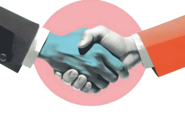 Zwei Arme, die sich die Hand geben. Rechter Ärmel ist rot und der linke Ärmel ist schwarz und die Hand ist leicht blau.