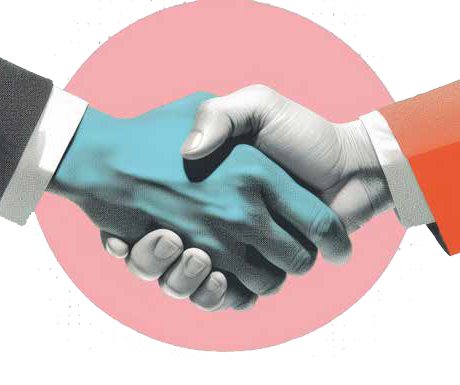 Zwei Arme, die sich die Hand geben. Rechter Ärmel ist rot und der linke Ärmel ist schwarz und die Hand ist leicht blau.