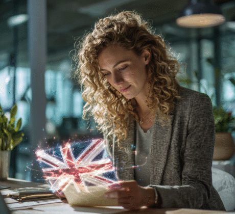 Frau mit Briefumschlag. Daneben ein Hologram der britischen Flagge als Symbol für englische Geschäftsbriefe