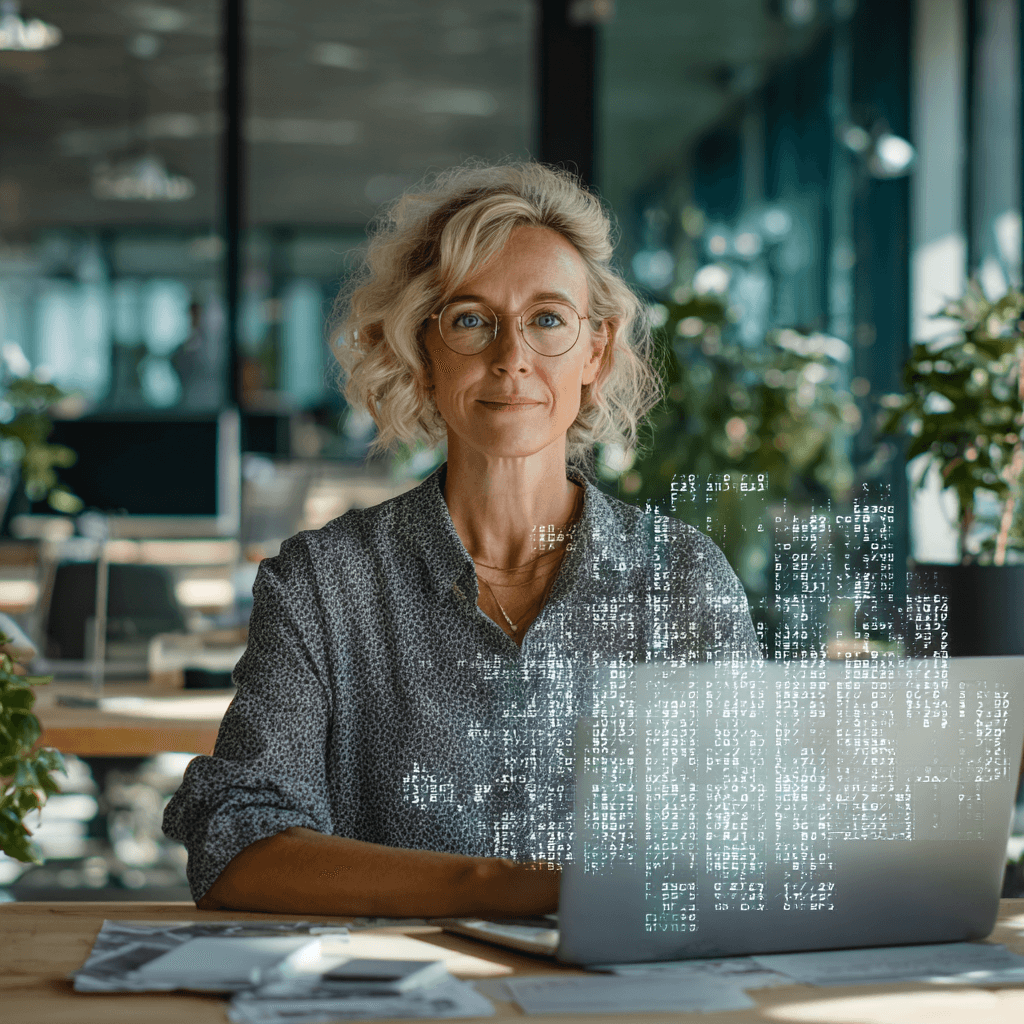 Frau Ende 40 arbeitet am Laptop, über dem ein Hologramm mit Zahlen und Tabellen schwebt – Symbol für Excel und Datenanalyse