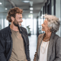 Junger Mann und ältere Kollegin im modernen Büroflur im Gespräch – Symbol für positive Bürokommunikation und Bürosprache.