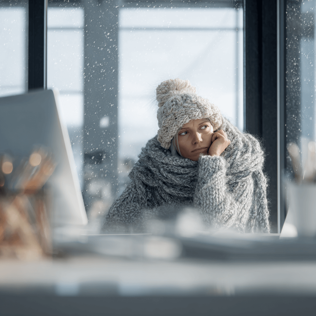 Frierende Frau mit Schal und Mütze sitzt im Büro vor offenem Fenster mit Schneefall – Symbol für Kälte, Lüften und Alltagsprobleme im Büro.