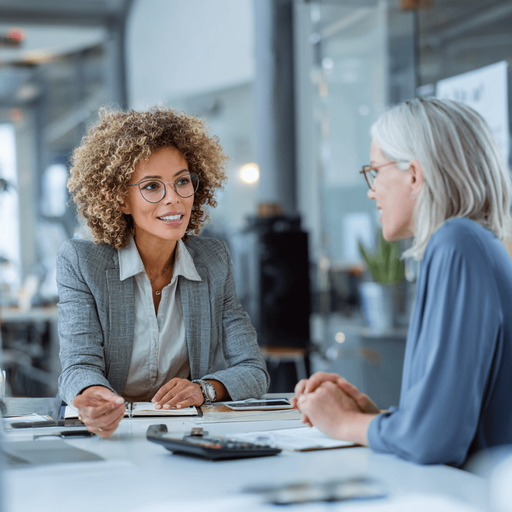 Zwei Business-Professionals am Bürotisch mit Geldscheinen und Taschenrechner – Symbol für Geld verhandeln, Gehaltsgespräch und Finanzverhandlung.