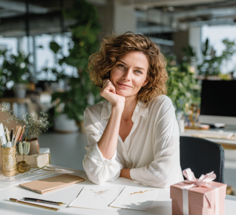Mitarbeiterin im modernen Büro mit Glückwunschkarte, Stift und Geschenkbox – Symbol für Jubiläumsgrüße, Musterformulierungen und Textbausteine