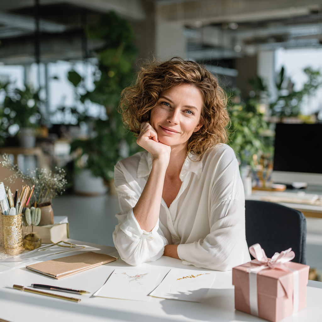 Mitarbeiterin im modernen Büro mit Glückwunschkarte, Stift und Geschenkbox – Symbol für Jubiläumsgrüße, Musterformulierungen und Textbausteine