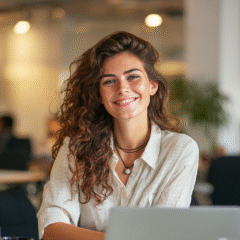 Fröhliche Frau mit langen lockigen Haaren und dunklen Augen arbeitet am Laptop in einem hellen, modernen Büro, freundliche und professionelle Atmosphäre.