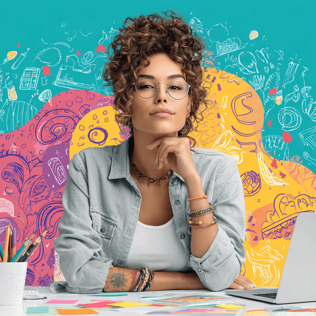 Junge, hippe Marketing-Mitarbeiterin arbeitet begeistert am Schreibtisch mit Laptop und bunten Notizen – Symbol für Kreativität und Marketing.