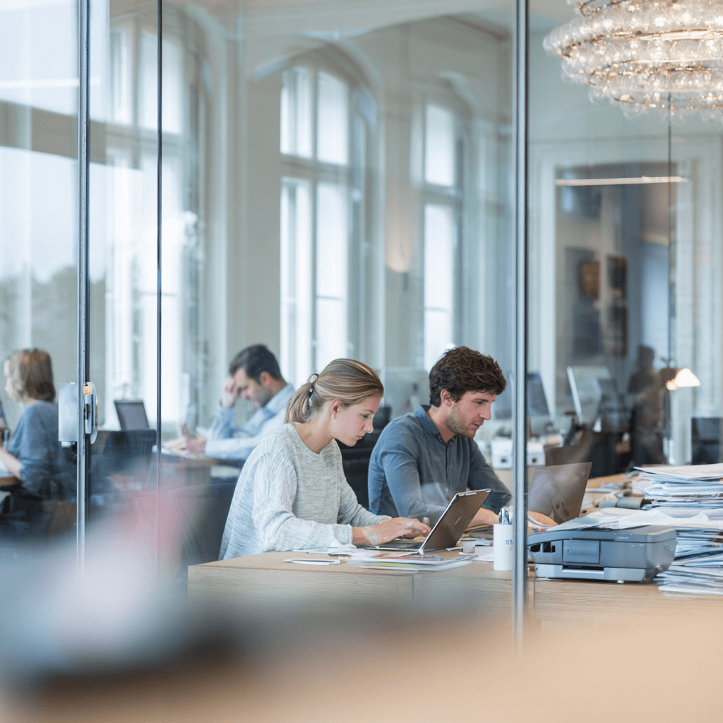 Mitarbeitende arbeiten im modernen Büro digital mit Laptops und Scanner – Symbol für Digitalisierung und papierloses Arbeiten.